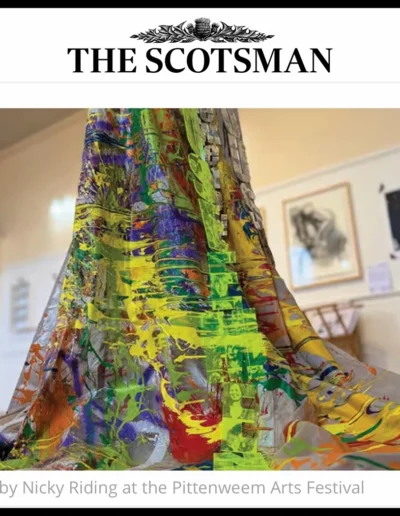 Screenshot of The Scotsman article showing Nicky Riding’s colourful fabric installation
