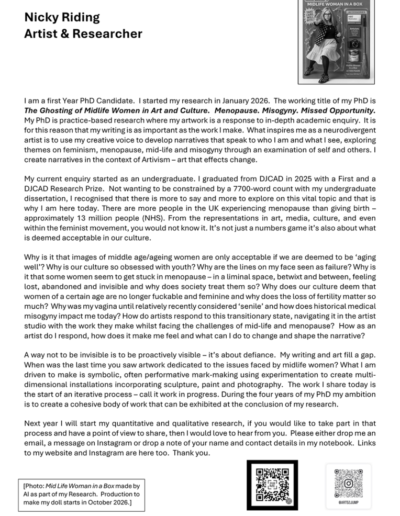 Nicky Riding artist statement printed on a page