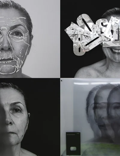 Four black-and-white work-in-progress portraits with faces and text altered