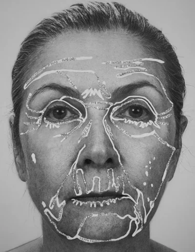 Black-and-white portrait with white lines drawn around the face